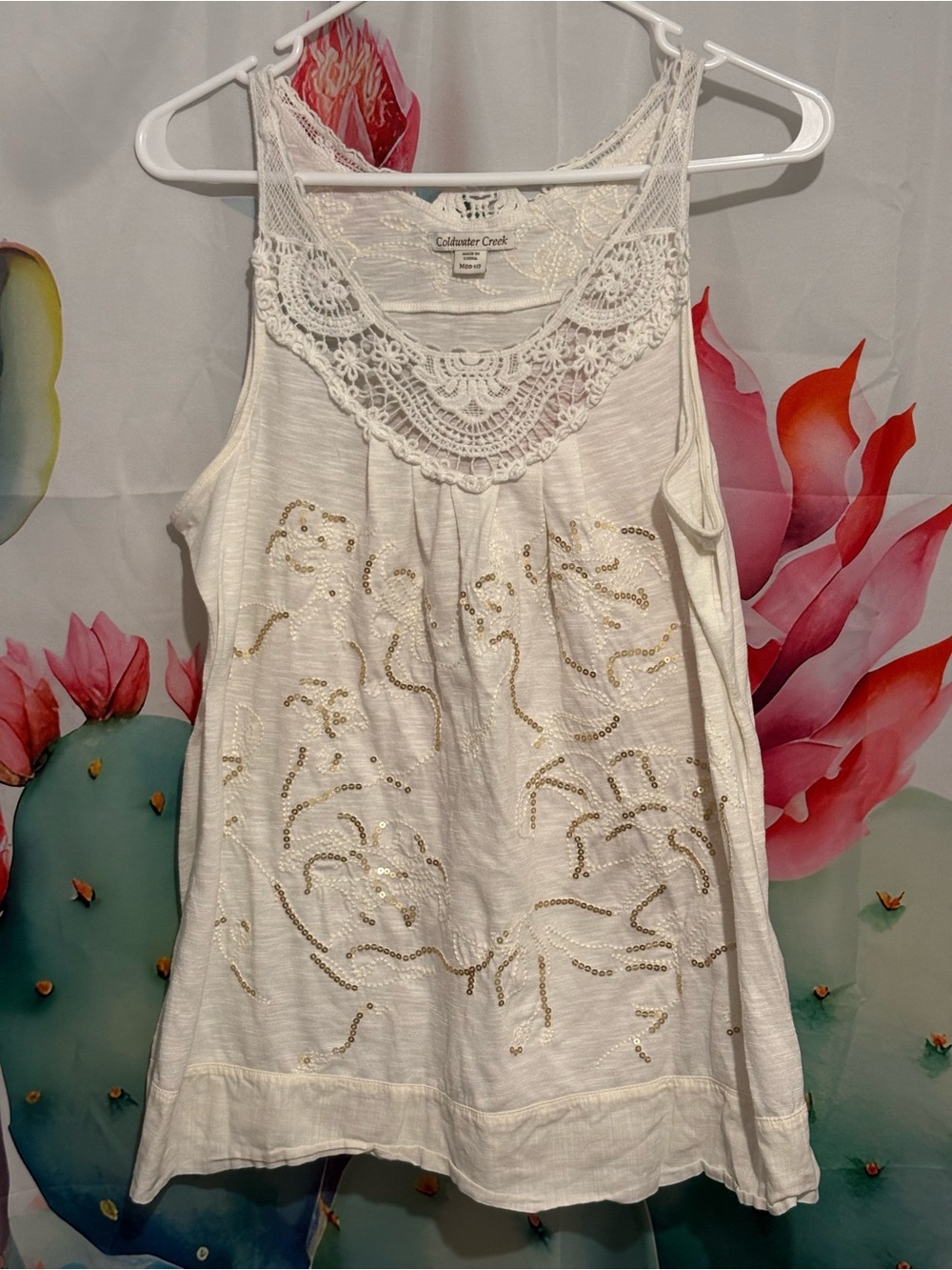 Coldwater Creek Womens M White Floral Knit Lace Scoop Neck Sequin Tank Top